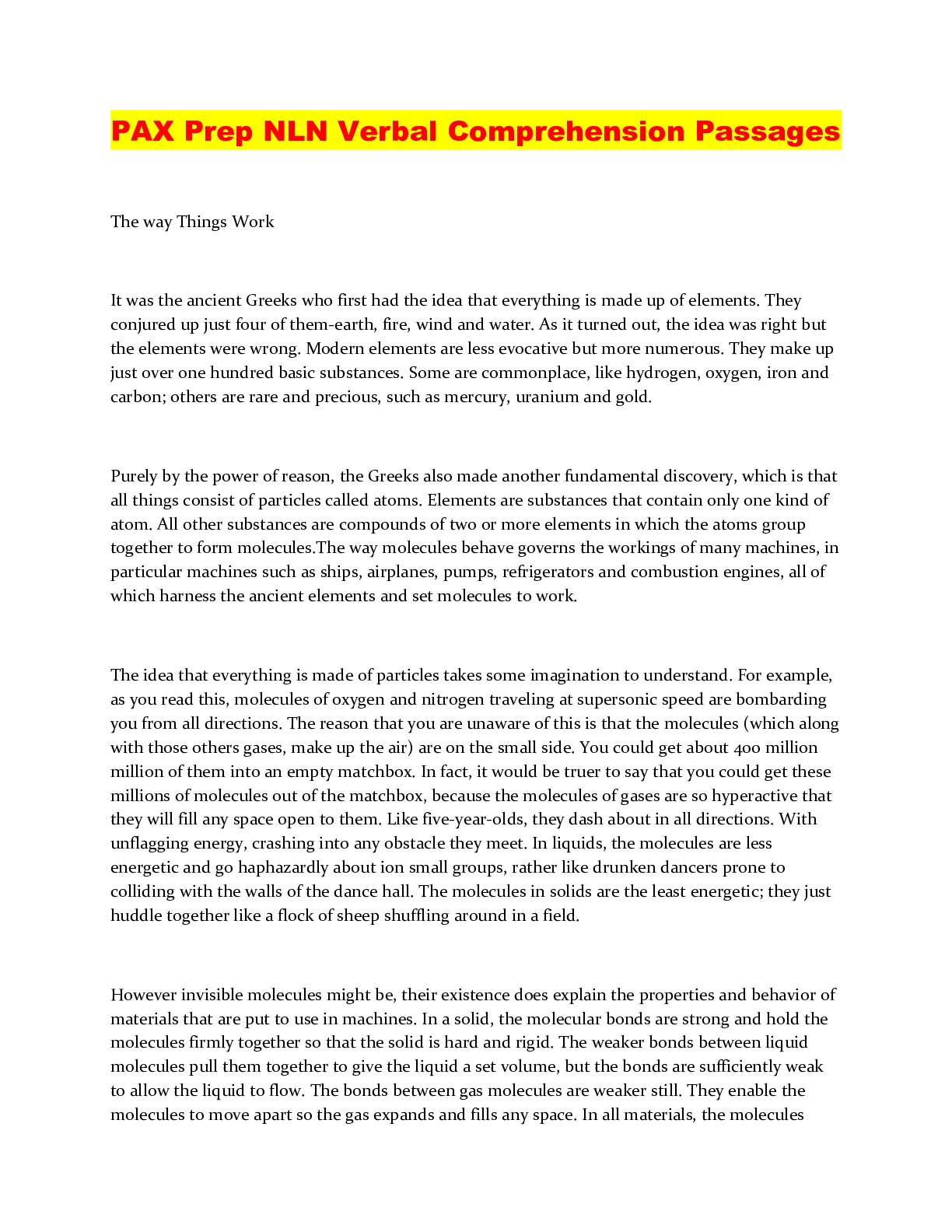 Preview image of PAX Prep NLN Verbal Comprehension Passages document